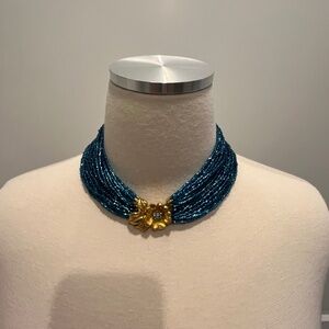 Vintage Blue Beaded Choker with Gold Flower Clasp